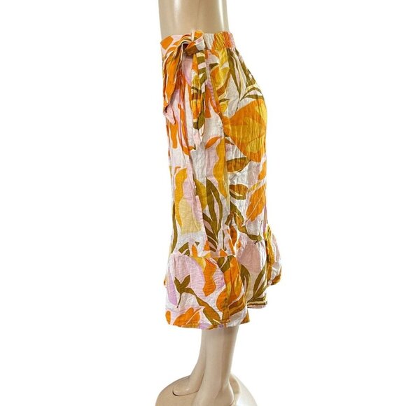 C&C California Floral Linen Midi Trumpet Skirt Wrap Tie Elastic Waist‎ Pockets - Picture 7 of 12